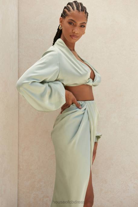House of CB Tosca Sage Silky Satin Plunge Blouson Top Clothing 4H6N807