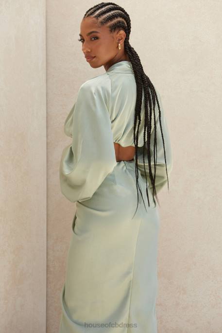 House of CB Tosca Sage Silky Satin Plunge Blouson Top Clothing 4H6N807