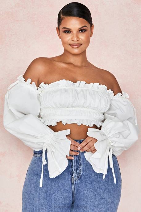House of CB Tula White Ruched Off Shoulder Top Clothing 4H6N808