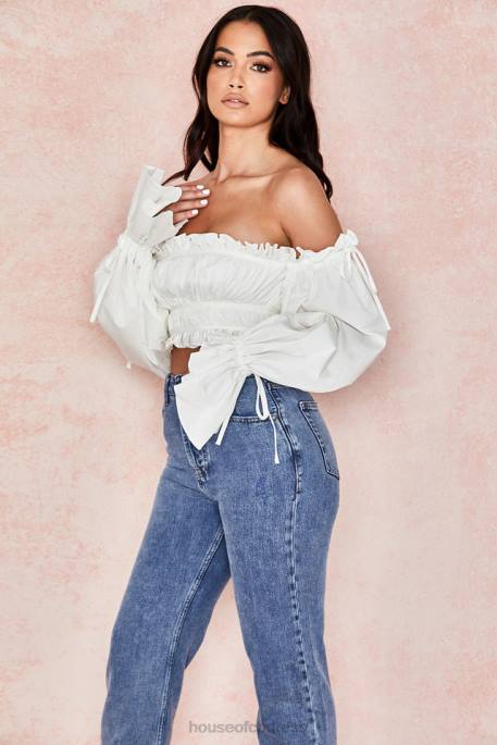 House of CB Tula White Ruched Off Shoulder Top Clothing 4H6N808