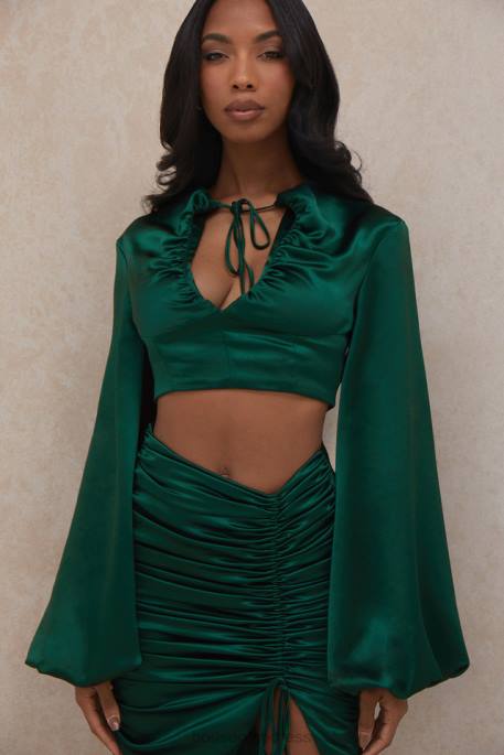 House of CB Vandra Emerald Green Satin Balloon Sleeve Top Clothing 4H6N772