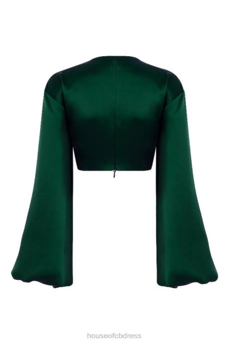House of CB Vandra Emerald Green Satin Balloon Sleeve Top Clothing 4H6N772