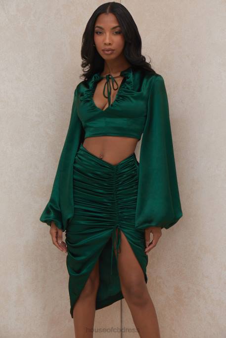 House of CB Vandra Emerald Green Satin Balloon Sleeve Top Clothing 4H6N772