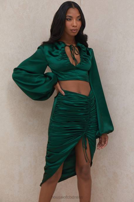 House of CB Vandra Emerald Green Satin Balloon Sleeve Top Clothing 4H6N772