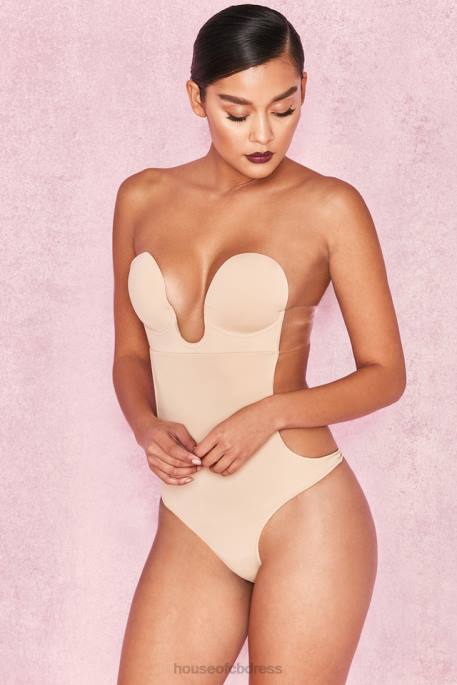 House of CB Beige Plunge Self Adhesive Backless Bodysuit Clothing 4H6N822