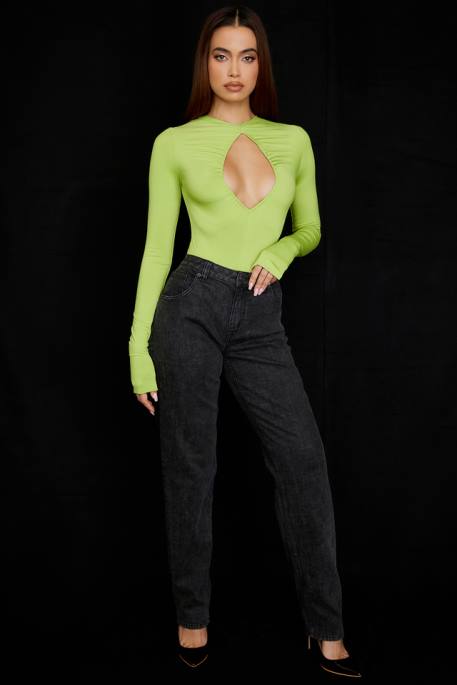 House of CB Estrelle Lime Green Cutout Bodysuit Clothing 4H6N736