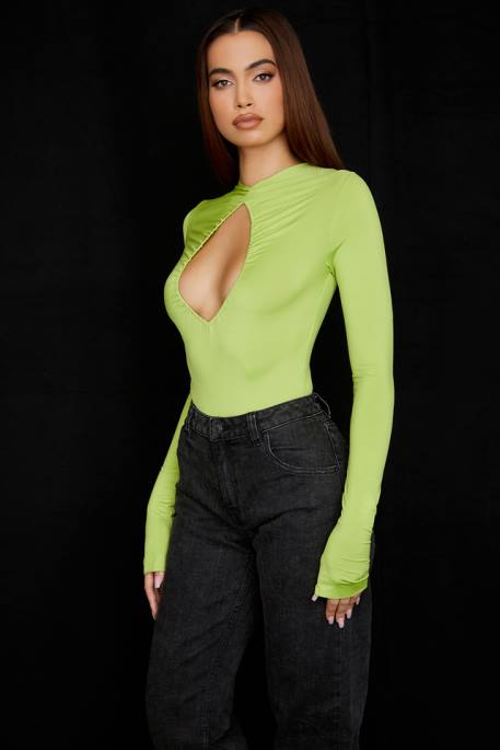 House of CB Estrelle Lime Green Cutout Bodysuit Clothing 4H6N736