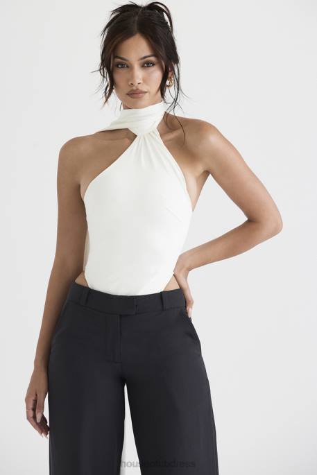 House of CB Farrah Ivory Satin Wrap Neck Bodysuit Clothing 4H6N710