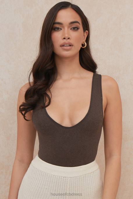 House of CB Karisa Brown V-Neck Bodysuit Clothing 4H6N770