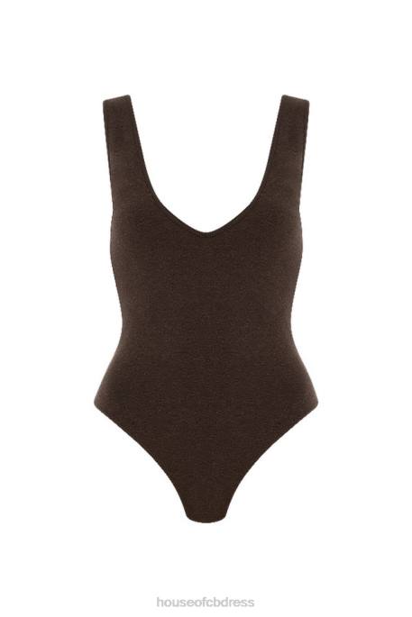 House of CB Karisa Brown V-Neck Bodysuit Clothing 4H6N770