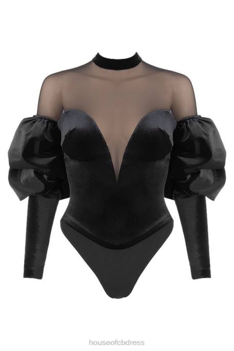 House of CB Monique Black Velvet and Tulle Bodysuit Clothing 4H6N775