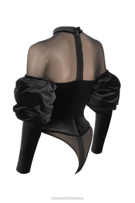 House of CB Monique Black Velvet and Tulle Bodysuit Clothing 4H6N775