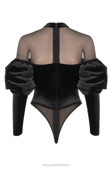 House of CB Monique Black Velvet and Tulle Bodysuit Clothing 4H6N775