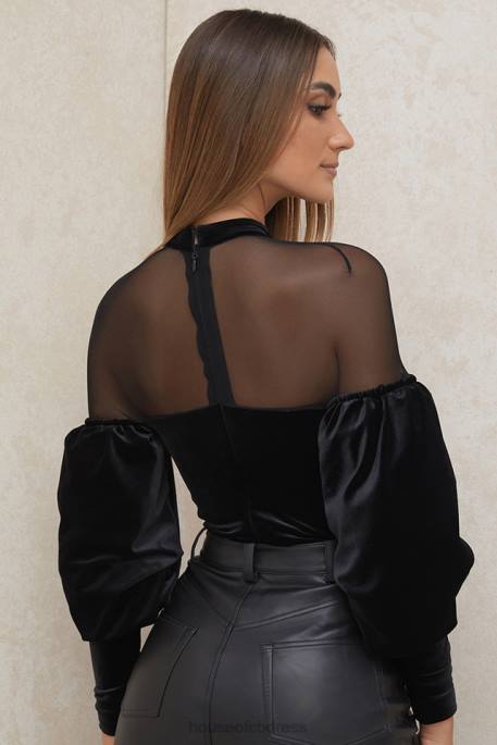 House of CB Monique Black Velvet and Tulle Bodysuit Clothing 4H6N775