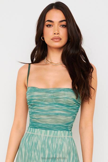 House of CB Pearl Ivy Print Ruched Mesh Bodysuit Clothing 4H6N757