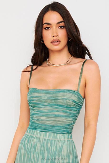 House of CB Pearl Ivy Print Ruched Mesh Bodysuit Clothing 4H6N757