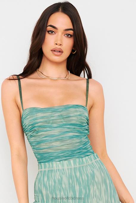 House of CB Pearl Ivy Print Ruched Mesh Bodysuit Clothing 4H6N757