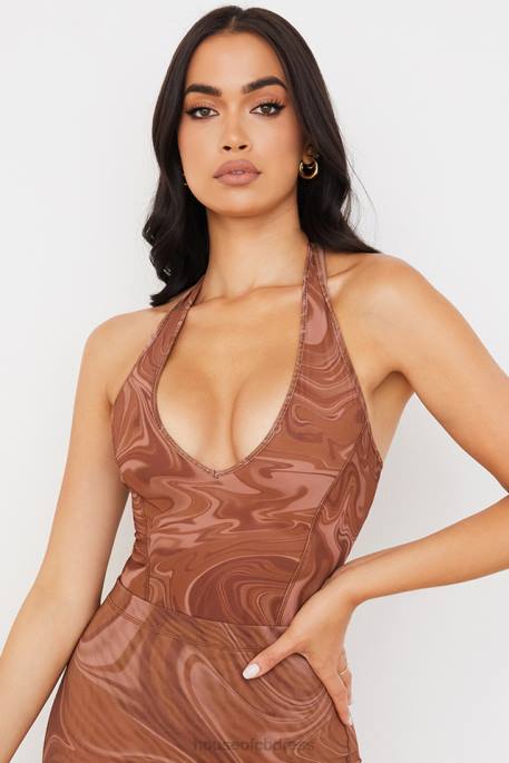 House of CB Sabine Cocoa Swirl Print Halter Bodysuit Clothing 4H6N752