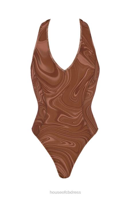 House of CB Sabine Cocoa Swirl Print Halter Bodysuit Clothing 4H6N752
