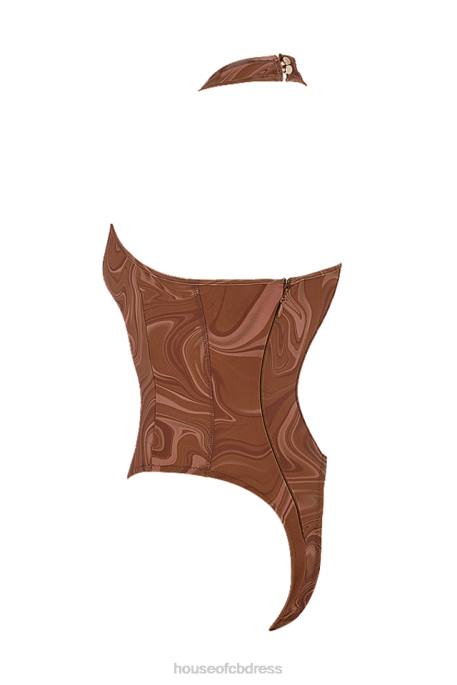 House of CB Sabine Cocoa Swirl Print Halter Bodysuit Clothing 4H6N752
