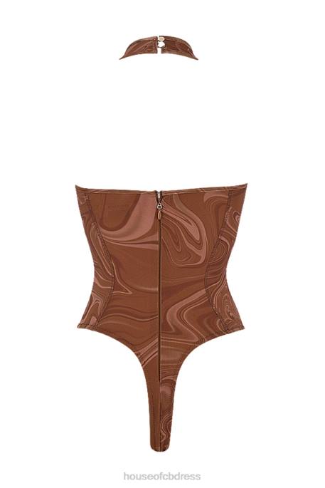 House of CB Sabine Cocoa Swirl Print Halter Bodysuit Clothing 4H6N752