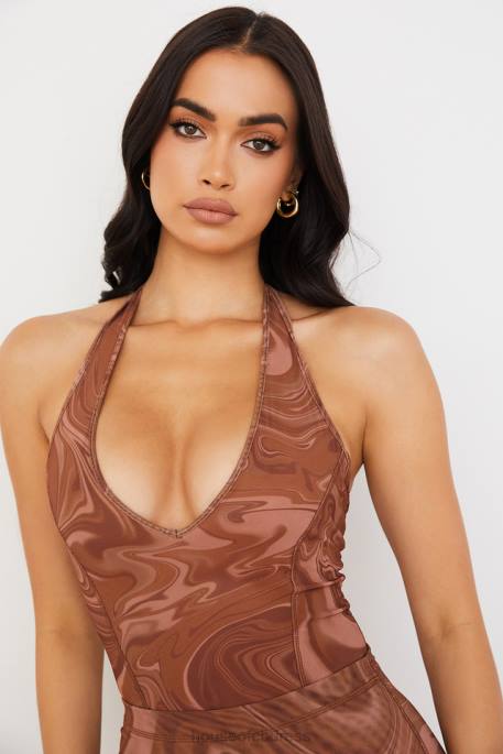 House of CB Sabine Cocoa Swirl Print Halter Bodysuit Clothing 4H6N752