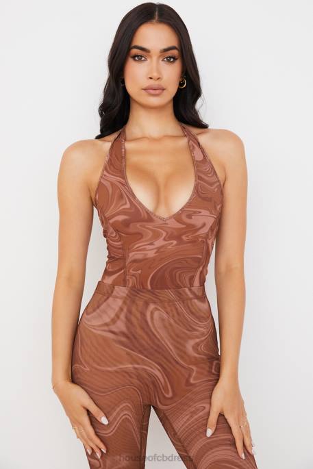 House of CB Sabine Cocoa Swirl Print Halter Bodysuit Clothing 4H6N752