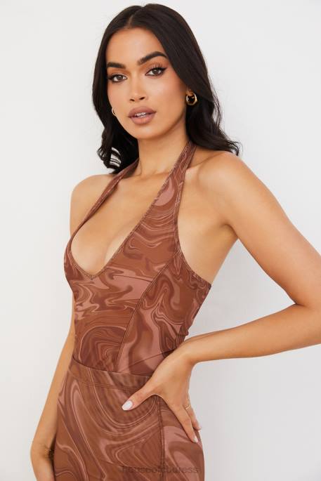 House of CB Sabine Cocoa Swirl Print Halter Bodysuit Clothing 4H6N752