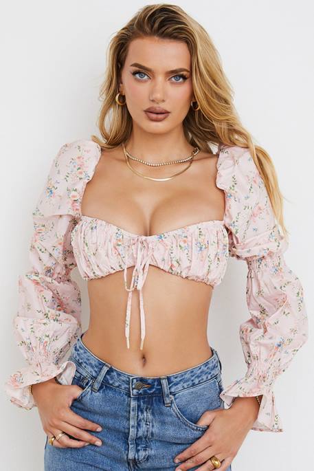 House of CB Henrietta Pink Floral Shirred Bralette Top Clothing 4H6N745