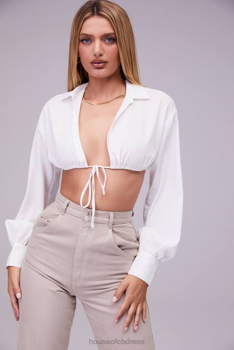 House of CB Mistress Rocks Wishlist White Balloon Sleeve Cropped Shirt With Bralette Clothing 4H6N739