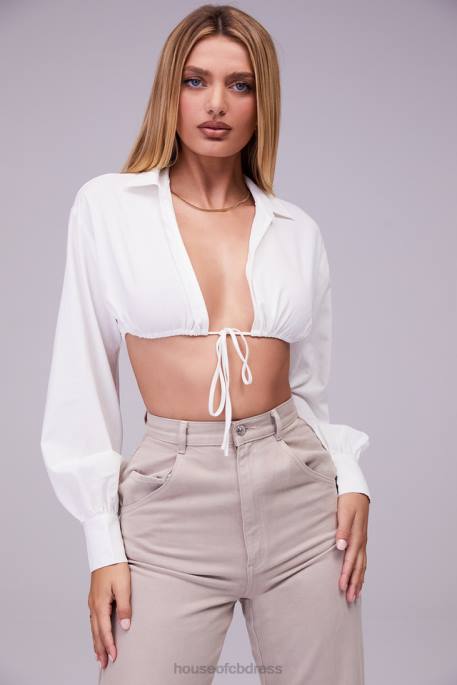 House of CB Mistress Rocks Wishlist White Balloon Sleeve Cropped Shirt With Bralette Clothing 4H6N739