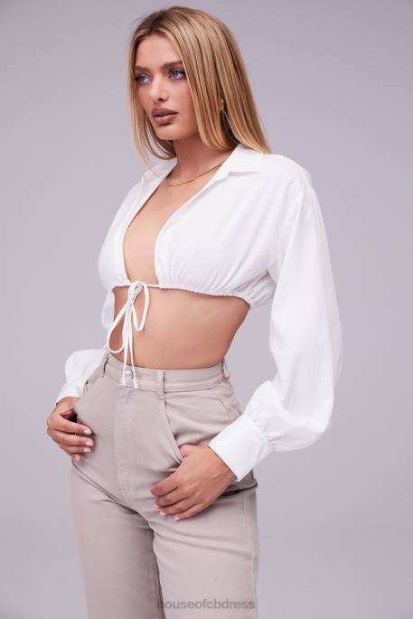 House of CB Mistress Rocks Wishlist White Balloon Sleeve Cropped Shirt With Bralette Clothing 4H6N739
