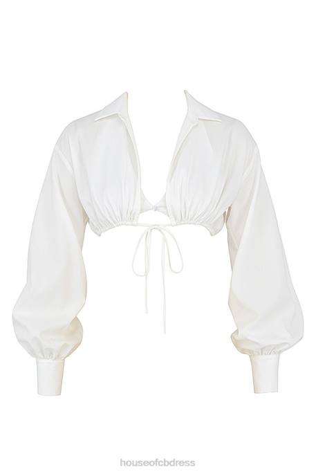 House of CB Mistress Rocks Wishlist White Balloon Sleeve Cropped Shirt With Bralette Clothing 4H6N739