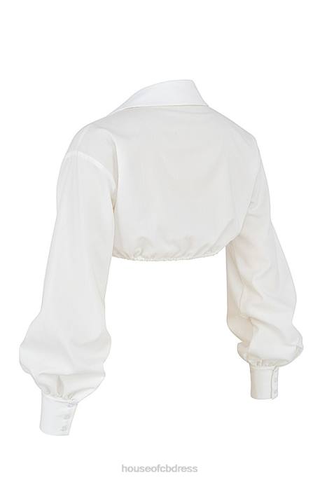 House of CB Mistress Rocks Wishlist White Balloon Sleeve Cropped Shirt With Bralette Clothing 4H6N739