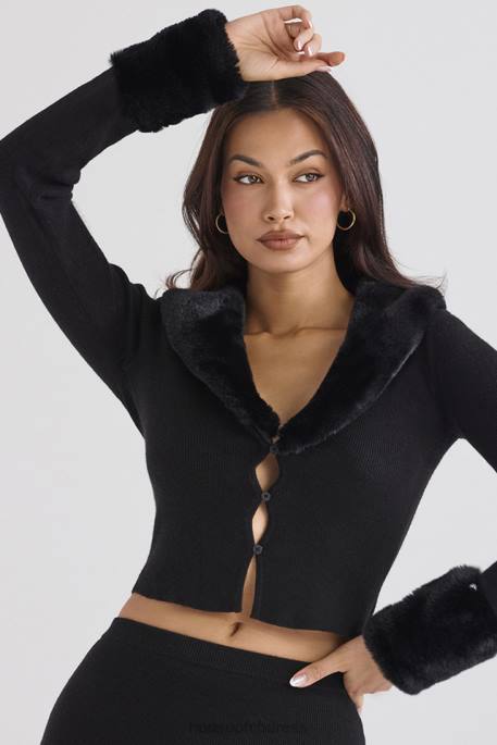 House of CB Blanche Black Faux Fur Trim Cardigan Clothing 4H6N693