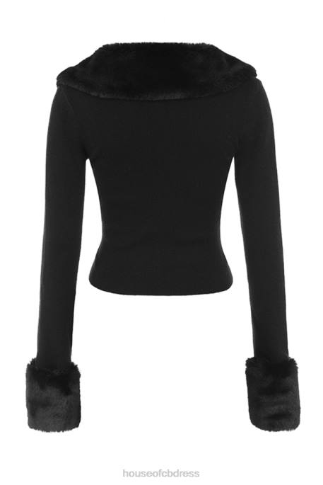 House of CB Blanche Black Faux Fur Trim Cardigan Clothing 4H6N693
