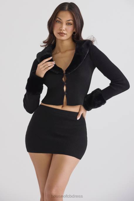 House of CB Blanche Black Faux Fur Trim Cardigan Clothing 4H6N693