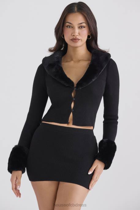 House of CB Blanche Black Faux Fur Trim Cardigan Clothing 4H6N693
