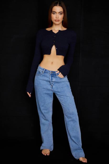 House of CB Lulie Navy Fluffy Knit Cropped Cardigan Clothing 4H6N734