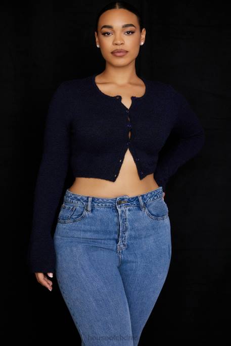 House of CB Lulie Navy Fluffy Knit Cropped Cardigan Clothing 4H6N734