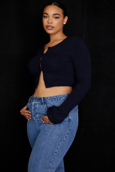 House of CB Lulie Navy Fluffy Knit Cropped Cardigan Clothing 4H6N734