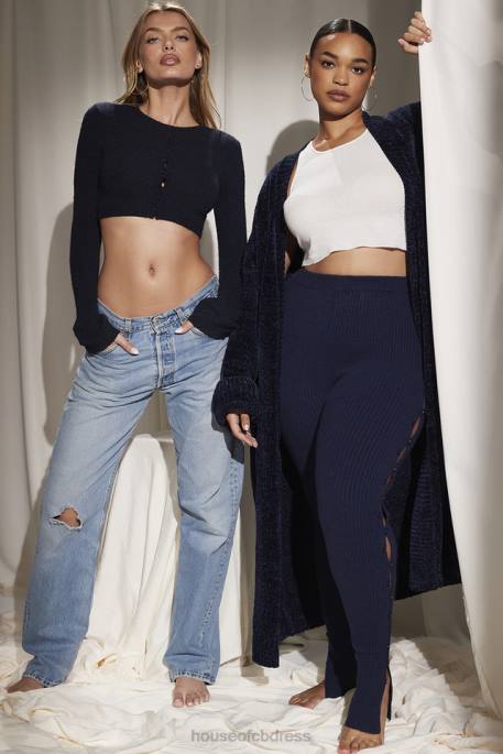 House of CB Lulie Navy Fluffy Knit Cropped Cardigan Clothing 4H6N734