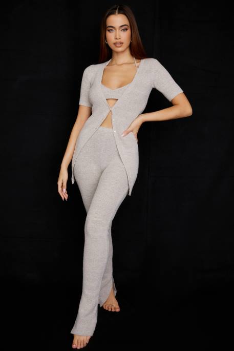 House of CB Opal Oatmeal Ribbed Knit Cardigan Clothing 4H6N730