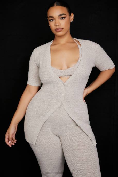 House of CB Opal Oatmeal Ribbed Knit Cardigan Clothing 4H6N730
