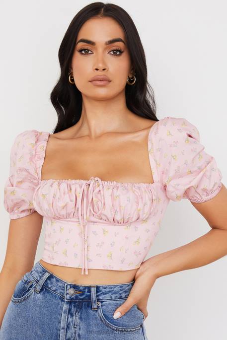House of CB Arianna Pink Floral Puff Sleeve Corset Clothing 4H6N87
