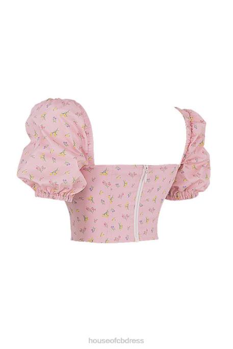 House of CB Arianna Pink Floral Puff Sleeve Corset Clothing 4H6N87