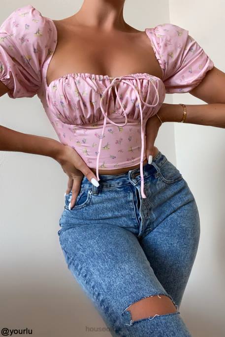 House of CB Arianna Pink Floral Puff Sleeve Corset Clothing 4H6N87