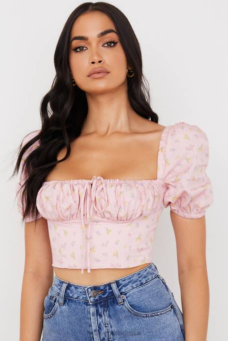 House of CB Arianna Pink Floral Puff Sleeve Corset Clothing 4H6N87