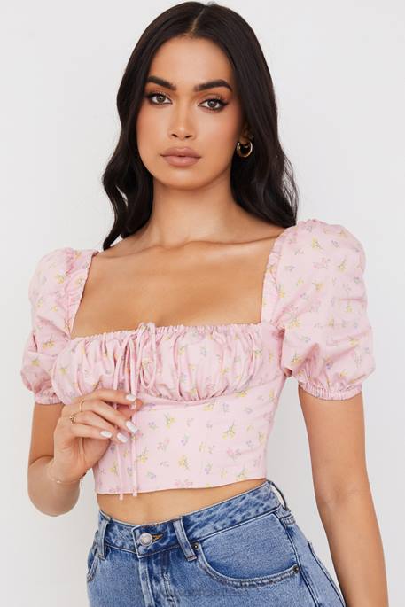 House of CB Arianna Pink Floral Puff Sleeve Corset Clothing 4H6N87