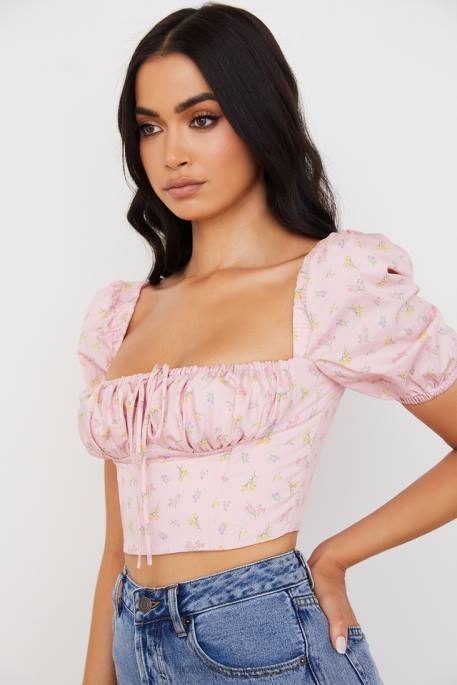 House of CB Arianna Pink Floral Puff Sleeve Corset Clothing 4H6N87